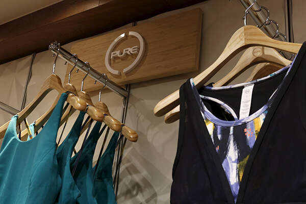 Pure apparel are displayed at its fitness centre in Hong Kong