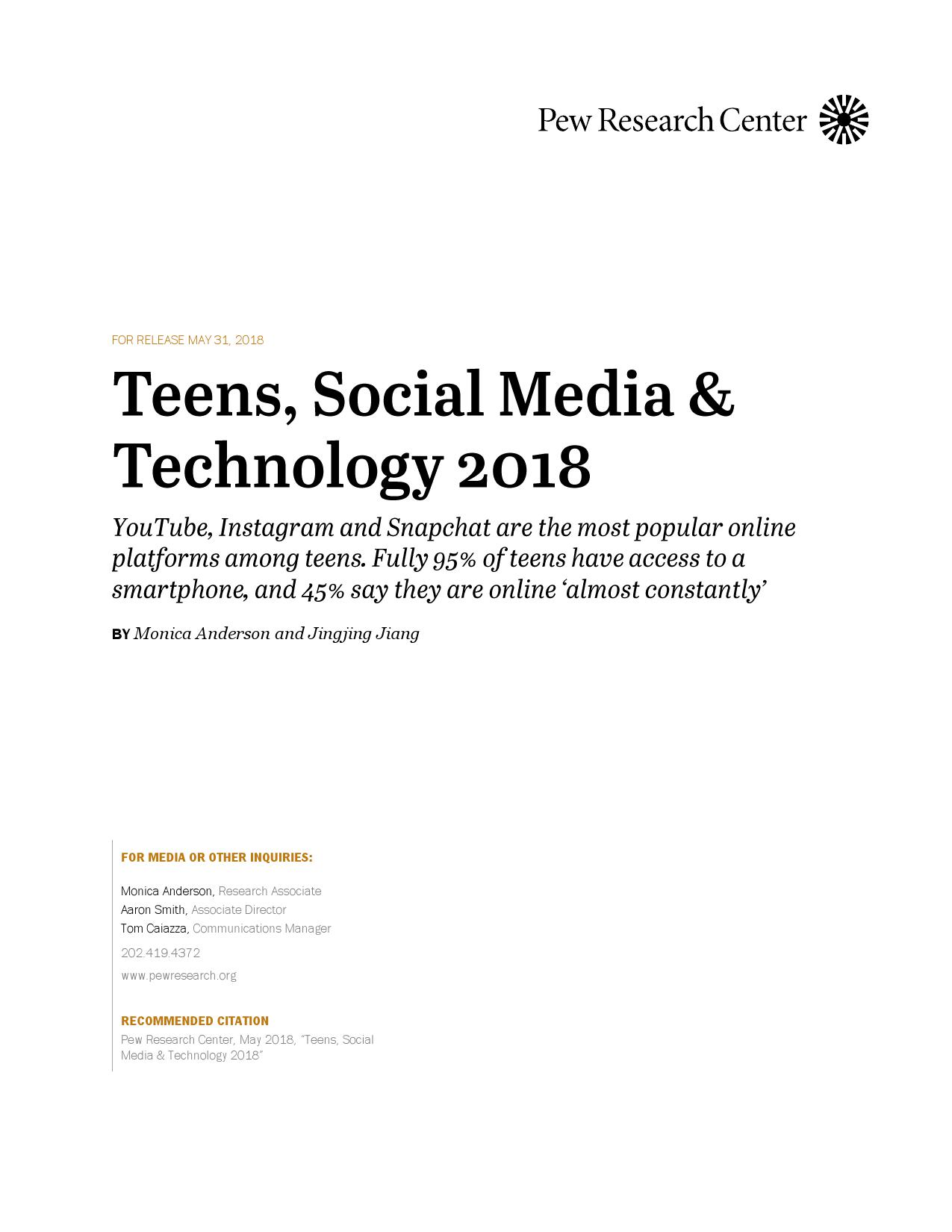 皮尤研究中心：2018年美国青少年社交媒体用户调查报告