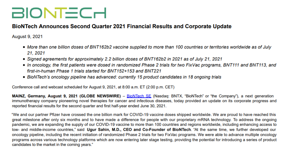 BioNTech财报：2021年Q2 BioNTech收入同比暴增近130倍
