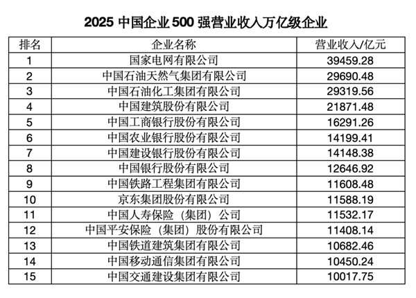 2025中国企业500强榜单发布：国家电网第一、京东民营第一