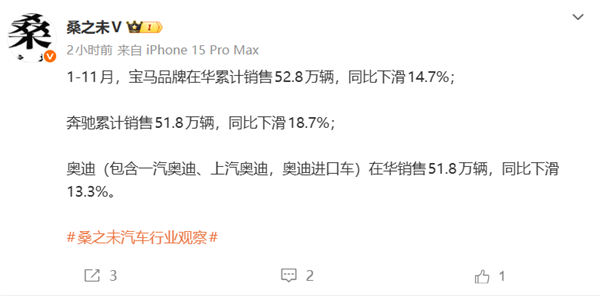 国人买豪车不再钟爱BBA!奔驰、宝马、奥迪在华销量齐跌