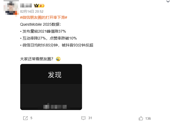 主动点赞率跌破10%！微信朋友圈打开率下滑引网友热议