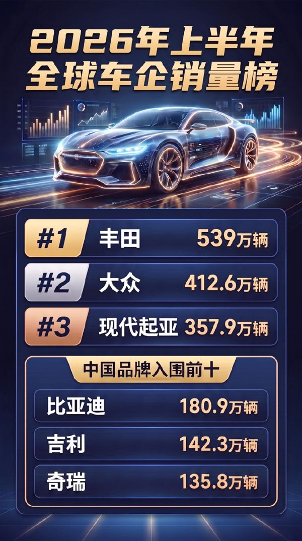 上半年全球车企销量榜公布：丰田蝉联第一